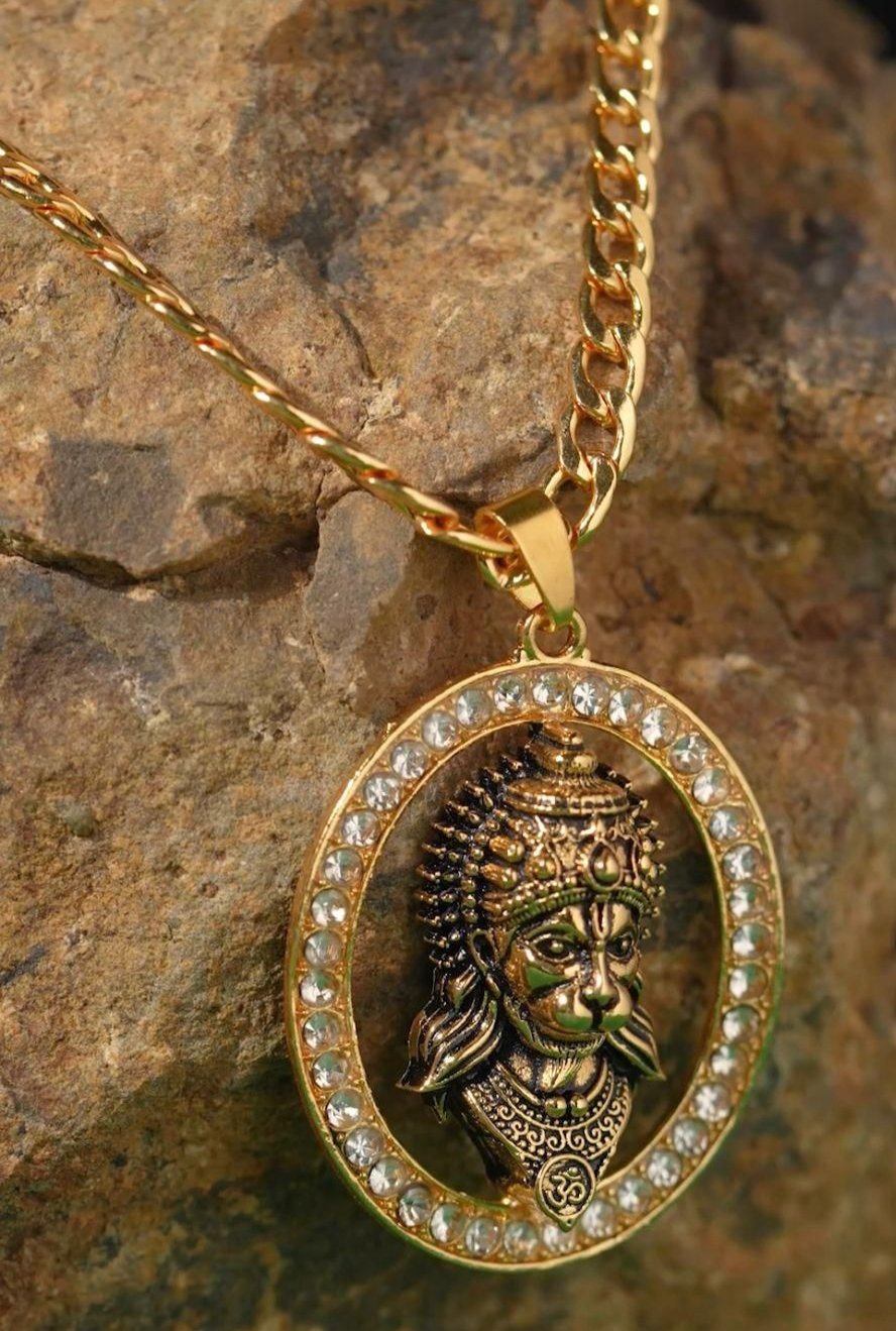 Gold-plated Hanuman Face Diamond Alloy Pendant Locket Set