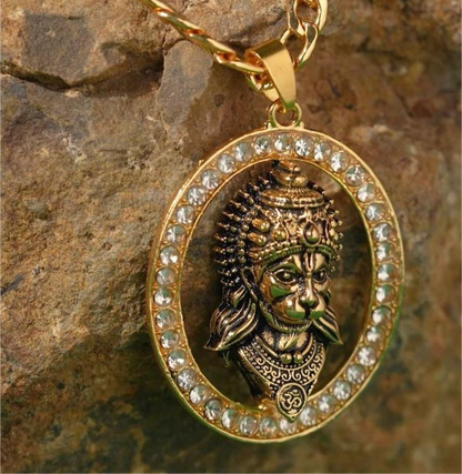 Gold-plated Hanuman Face Diamond Alloy Pendant Locket Set